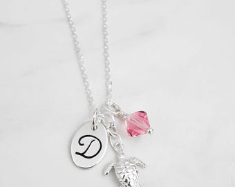 Sterling Silver Sea Turtle Charm Necklace Personalized Initial Charm and Birthstone Charm Necklace Sea Turtle Jewelry Sea Turtle Gifts