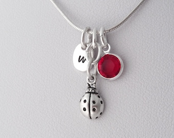 Ladybug Necklace - Tiny Ladybug Charm Pendant - 925 Sterling Silver Jewelry - Personalized Initial and Birthstone - Little Girls Necklace