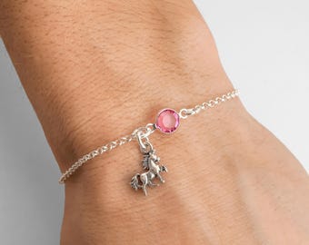 Sterling Silver Unicorn Bracelet or Anklet: Birthstone Charm, Rolo Chain