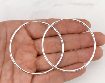 50mm Hoop Earrings - 925 Sterling Silver Jewelry - Plain Hoops - Silver Hoops - 50mm | 2 inches