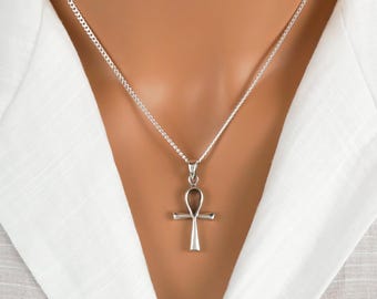 Silver Ankh Necklace - Sterling Silver Ankh Charm Necklace for Men or Women - Ankh Pendant - Egyptian Hieroglyph Jewelry Meaning "Life"