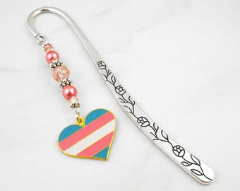 Transgender Pride Flag Bookmark - LGBTQ Pride Bookmark - Transgender Pride Heart Charm Beaded Bookmark - LGBT Bookmark - Trans Pride Gifts