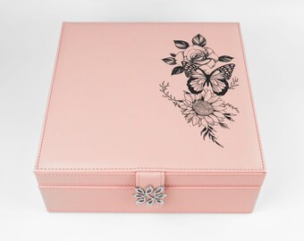 Pink Jewelry Box with Butterfly and Sunflower, Large Jewelry Organizer Box for Women and Girls, Vegan Leather and Velvet Jewelry Boxes