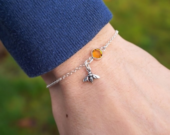 Bumblebee Bracelet or Anklet: Personalized Bee Birthstone Charm, Minimalist 925 Sterling Silver Jewelry