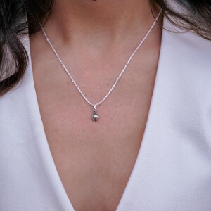 Puede incluir: Un collar de plata con una delicada cadena de cuerda y un peque&ntilde;o colgante met&aacute;lico redondo con forma de mariquita. El colgante cuelga del centro de la cadena, que descansa sobre una prenda blanca lisa. El metal tiene un acabado pulido.