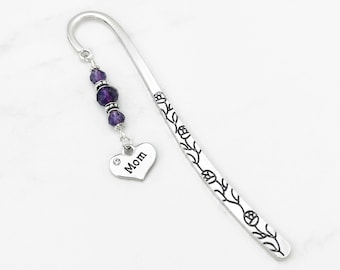Mom Bookmark - Mother's Day Gift - Unique Bookmarks - Tibetan Silver Beaded Bookmark - Mom Gift - Mom Heart Charm Bookmark