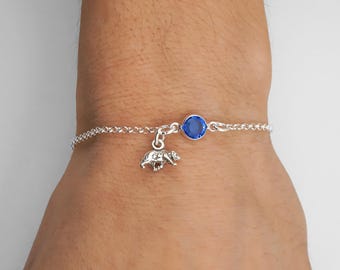 Sterling Silver Bear Bracelet or Anklet: Birthstone Charm, Rolo Chain