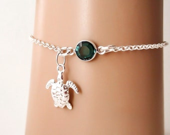 Sea Turtle Birthstone Bracelet or Anklet - Personalized Birthstone Bracelet - 925 Sterling Silver - Rolo Chain - Dainty Minimalist Bracelet