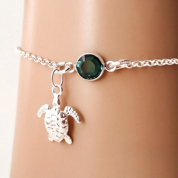 Sea Turtle Birthstone Bracelet or Anklet - Personalized Birthstone Bracelet - 925 Sterling Silver - Rolo Chain - Dainty Minimalist Bracelet