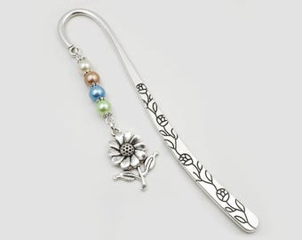 Flower Bookmark - Beaded Tibetan Silver Beaded Bookmark - Flower Charm Bookmark - Teacher Gifts - Gardening Gifts for Readers