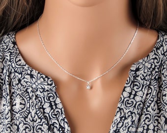 Square Cubic Zirconia Charm Necklace, 925 Sterling Silver Square Cubic Zirconia Charm Necklace, 925 Sterling Silver
