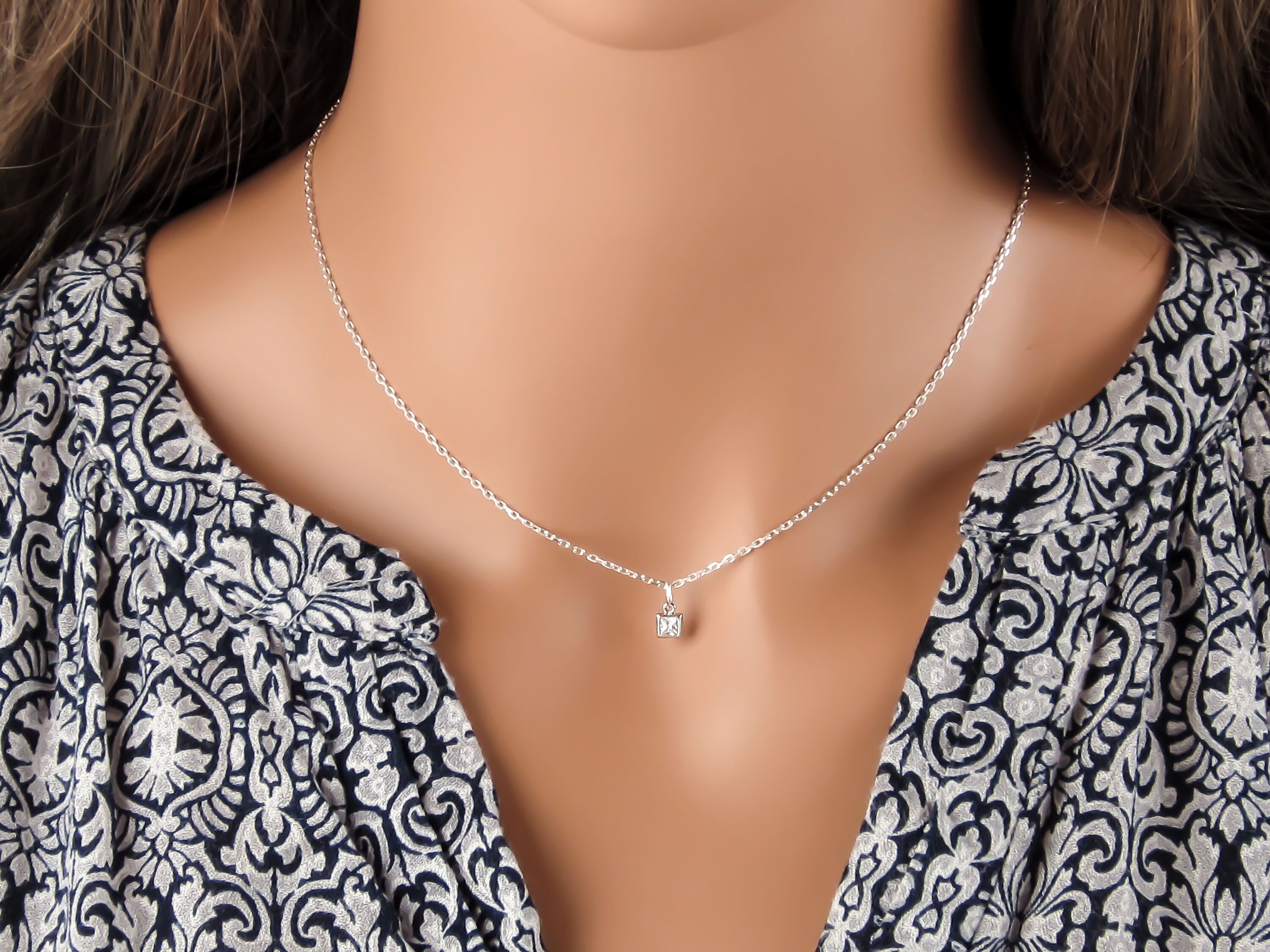 Square Cubic Zirconia Charm Necklace, 925 Sterling Silver Square Cubic Zirconia Charm Necklace, 925 Sterling Silver