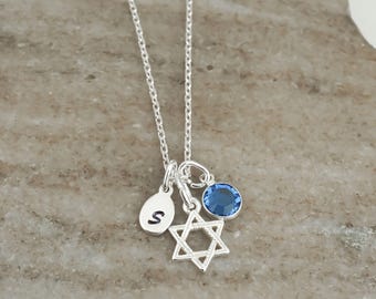 Sterling Silver Star of David Necklace: Personalized Initial & Birthstone Charm
