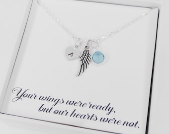 Angel Wing Charm Necklace - Memorial 925 Sterling Silver Jewelry - Sympathy Gift - Monogram Initial Heart Charm and Preciosa Birthstone