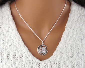 Mystical Owl Necklace - Owl and Crescent Moon with Pentacle Necklace - 925 Sterling Silver Wiccan Jewelry - LAST CHANCE