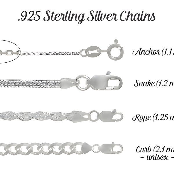925 Sterling Silver Chain | Anchor, Rope, Snake and Curb Chains | 16, 18, 20, 22, 24, 30 & 36 inches | Finished Chain | Womens + Mens Chains