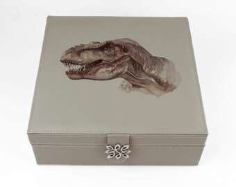 Dinosaur Jewelry Box - Taupe Gray Vegan Leather T-Rex Jewelry Organizer Box - Taupe Keepsake Box for Boys, Girls, Men or Women