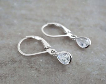 Tiny Teardrop Earrings - Minimalist Jewelry - Cubic Zirconia Tear Drop Charm - 925 Sterling Silver Earrings - Simple Everyday Jewelry