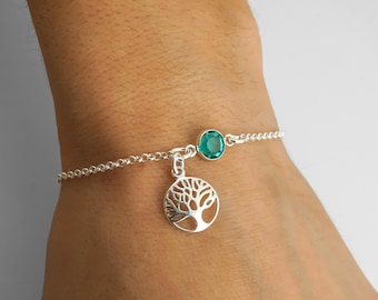 Sterling Silver Tree Bracelet or Anklet: Personalized Birthstone Charm, Dainty Rolo Chain