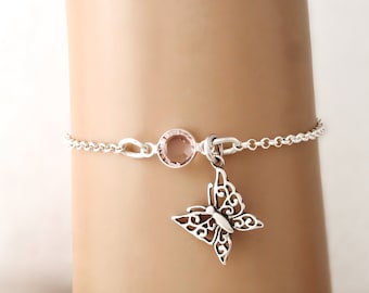 Butterfly Bracelet or Anklet - Personalized Birthstone Bracelet - 925 Sterling Silver - Rolo Chain - Dainty Minimalist Bracelet