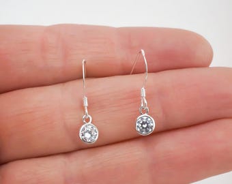 Tiny Round Cubic Zirconia Earrings - Minimalist CZ Charms - Sparkly 925 Sterling Silver Jewelry