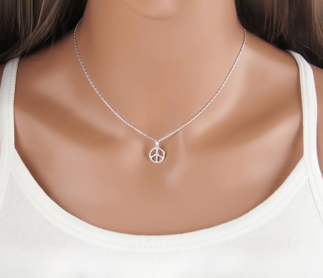 thumbnail image 2 of Novelty Giant Peace Sign Pendant Necklace – 70's Hippie Costume Jewelry (Silver) 2 of 3