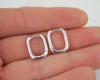 U Hoop Earrings - Small Rectangular 925 Sterling Silver Hinged Hoops - Plain Hoops - Sterling Silver Hoops - 14 mm Hoops - Everyday Earrings