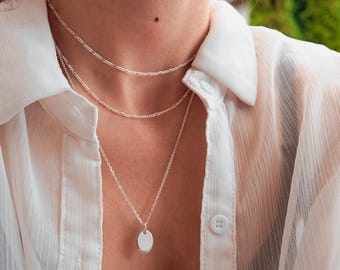 Sterling Silver Layering Necklaces for Women - 1 Strand, 2 Strand or 3 Strand Necklace - Minimalist Oval Charm Necklace - Figaro Chain
