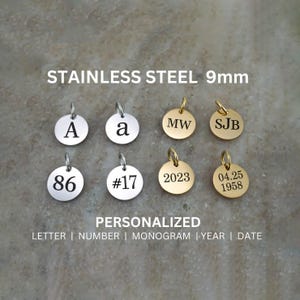9mm Round Stainless Steel Charm - Silver or Gold Letter Charms - Alphabet Charms  - Monogram Charm, Date Charm, Number Charm, Initial Charm