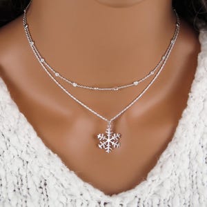 Snowflake Necklace and Satellite Chain: 925 Sterling Silver, Double Layered Necklace Set