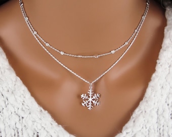 Snowflake Necklace and Satellite Chain: 925 Sterling Silver Layering Jewelry