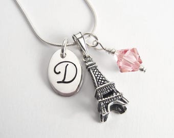 Paris Necklace - Eiffel Tower Necklace - 925 Sterling Silver Personalized Monogrammed Initial and Birthstone - French Jewelry
