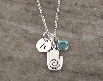 Healing Hand Necklace: 925 Sterling Silver Hopi Hand Jewelry, Personalized Reiki Gifts, Initial and Birthstone Charm