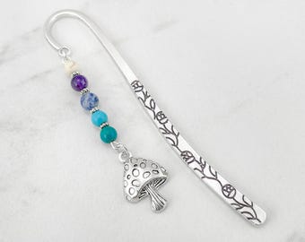 Magical Mushroom Bookmark - Silver Botanical Charm - Cottagecore Gift Ideas - Mushroom Gifts - Tibetan Silver Beaded Bookmark