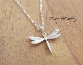 Dragonfly Necklace - 925 Sterling Silver Jewelry - Clear Cubic Zirconia Rhinestone - Dragonfly Pendant