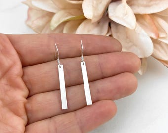 Vertical Bar Earrings - 925 Sterling Silver Jewelry - Silver Minimalist Drop Earrings, Simple Dangle Earrings, Shepherd Hooks or Lever Backs