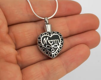 Mom Memorial Necklace - Hollow Heart Pendant - Keepsake Jewelry - Mom Ashes Necklace - Mother Cremation Urn Necklace