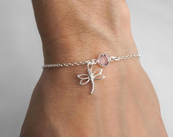 Dragonfly Bracelet or Anklet - Personalized Birthstone Bracelet, 925 Sterling Silver Rolo Chain, Dainty Minimalist Bracelet, Dragonfly Items