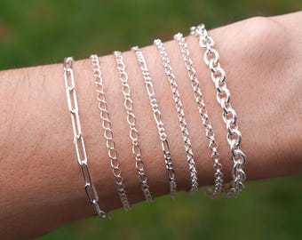 Sterling Silver Chain Bracelet or Anklet: Chunky Cable, Figaro, Rolo, Diamond Cut Oval Link, Paperclip Chains