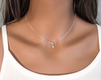 Tiny Teardrop Necklace - 925 Sterling Silver Necklace - Dainty Cubic Zirconia Tear Drop Charm - Minimalist Jewelry - Simple Everyday Jewelry