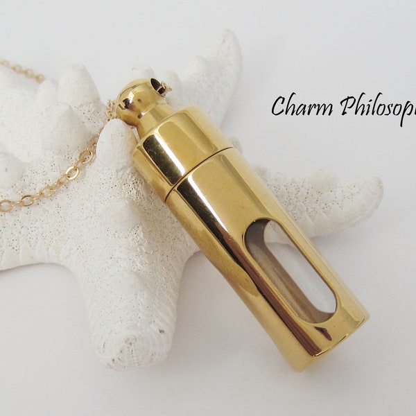Gold Tube Urn Necklace -  Clear Pet Fir Hollow Capsule Pendant - Keepsake Jewelry - Ashes Necklace - Unisex Memorial Jewelry