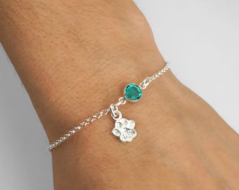 Sterling Silver Dog Paw Charm Bracelet: Personalized Birthstone, Rolo Chain