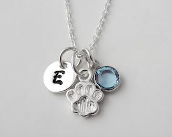 Sterling Silver Dog Paw Necklace: Personalized Initial & Birthstone