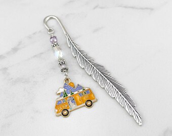 Retro Hippie Van Bookmark for Nature Lovers Camping Bookmark Unique Enamel Tibetan Silver Nomad Bookmark Orange VW Bus Charm Outdoorsy Gifts