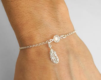 Feather Bracelet, Feather Anklet - Minimalist Charm Bracelet - Birthstone Bracelet - 925 Sterling Silver Bracelet- Bird Feather Jewelry