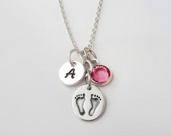 Baby Feet Necklace - Push Present - New Mother Gifts - Baby Shower Gift - 925 Sterling Silver Jewelry - Personalized Initial and Birthstone