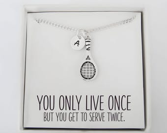 Tennis Racket Necklace - Personalized Initial Charm - 925 Sterling Silver Unisex Jewelry - You Only Live Once But You Get to Serve Twice