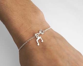 Music Note Bracelet,  Music Note Anklet, Eighth Notes Charm, Personalized Birthstone Bracelet, 925 Sterling Silver, Minimalist Bracelet