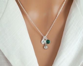 Ladybug Necklace - Tiny Lady Bug Charm Pendant - 925 Sterling Silver Ladybug Jewelry - Personalized Initial and Birthstone