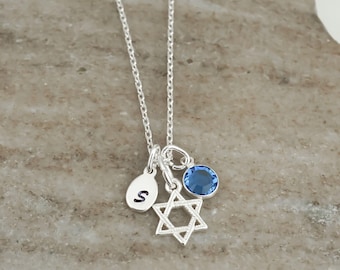 Sterling Silver Star of David Necklace: Personalized Initial & Birthstone Charm